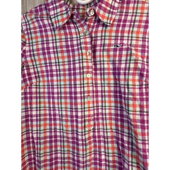 Vineyard Vines Shirt Womens Sz 4‎ Fuchsia Pink Plaid 1/2 Button Linen Blend - Picture 5 of 9